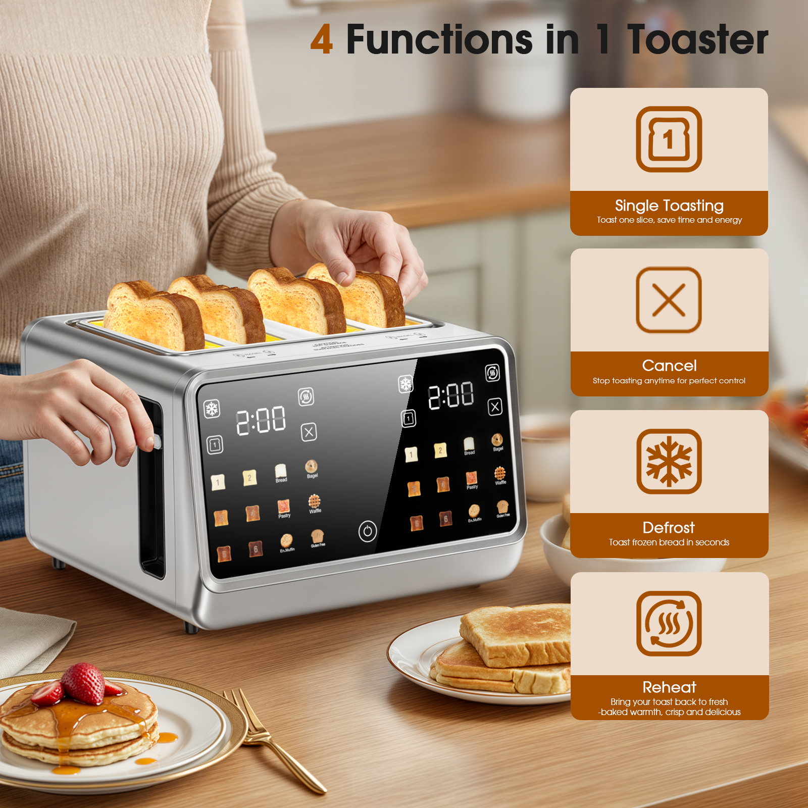 Foyoconven 4 Slice Toaster Wide Slot– Dual Digital TouchScreen & Independent Control Panel | Single-Slot Tech Timer/Reheat/Defrost for Bagels Bread | 1800W Stainless Steel 6 Toast Types & Shade Settings