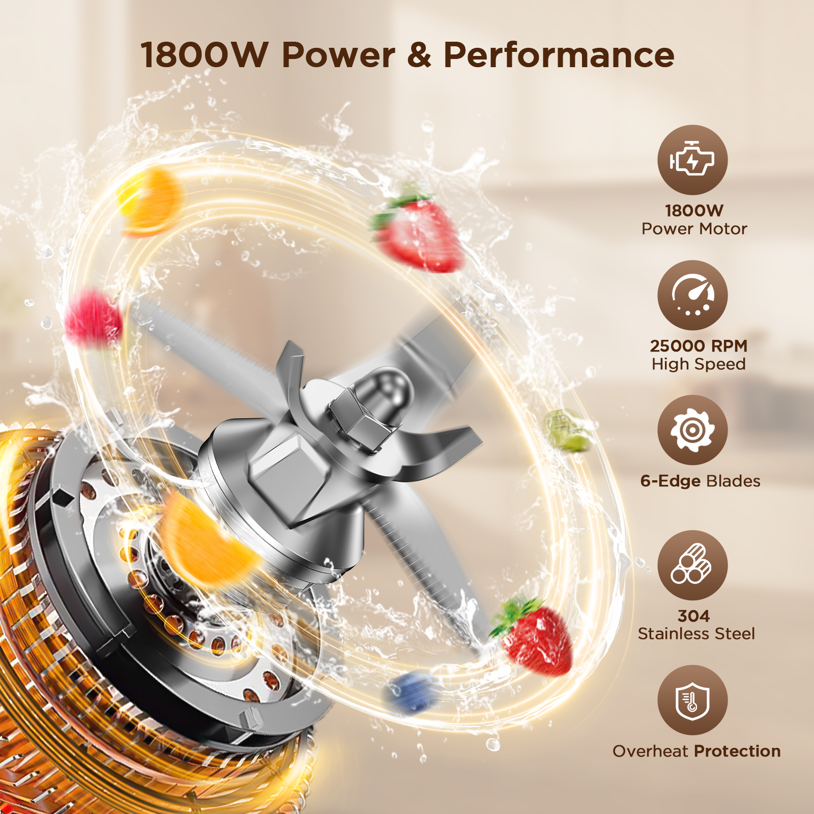 Teendow 1800W Countertop Blender for Kitchen with 70 oz BPA-Free Pitcher