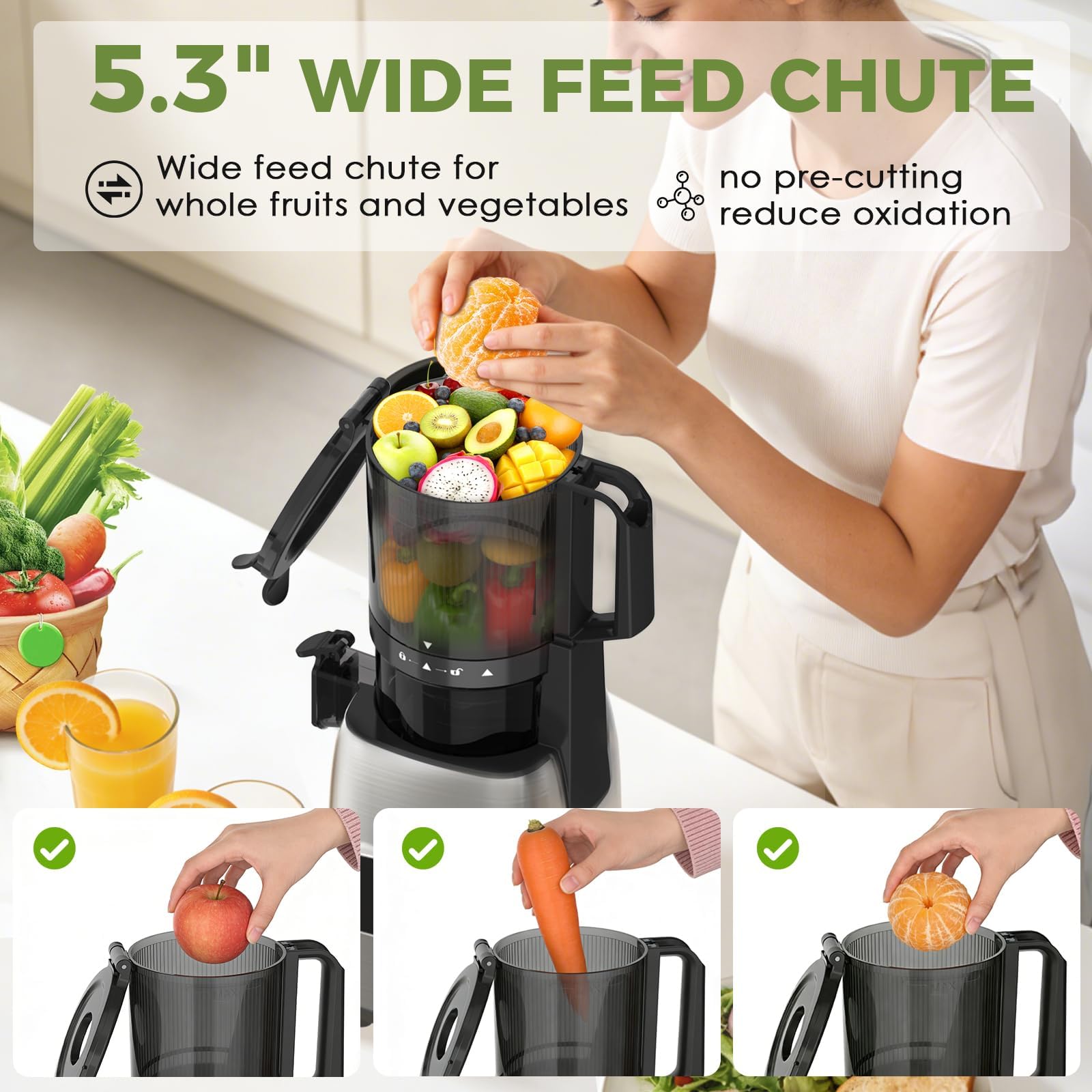 PSIIDAN Cold Press Juicer with 5.3" Extra Wide Feed Chute, Slow Masticating Juicer Machine for Pre-Cut Fruits and Vegetables, High Yield Fruit Juicer, Easy Clean Design, BPA-Free