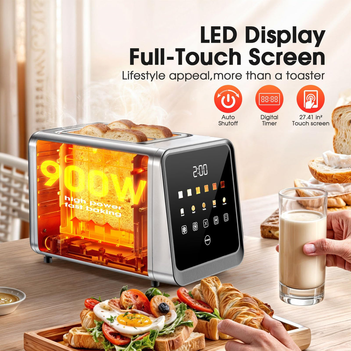 Foyoconven 2 Slice Toaster Smart Touchscreen Wide Slot with Bagel Mode 900W Digital Timer, Single Slice Mode, Memory, 30 Presets (5 Breads × 6 Shades) Defrost & Reheat, Crumb Tray, Stainless Steel