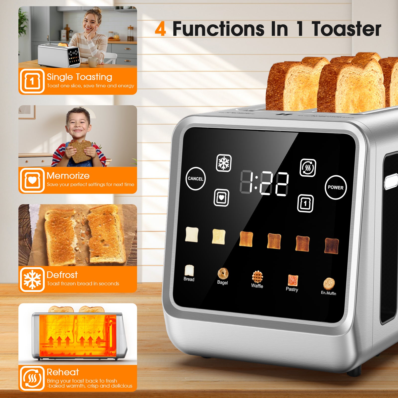 Teendow 4 Slice Smart Touchscreen Toaster, 1.5" Extra-Wide Slots