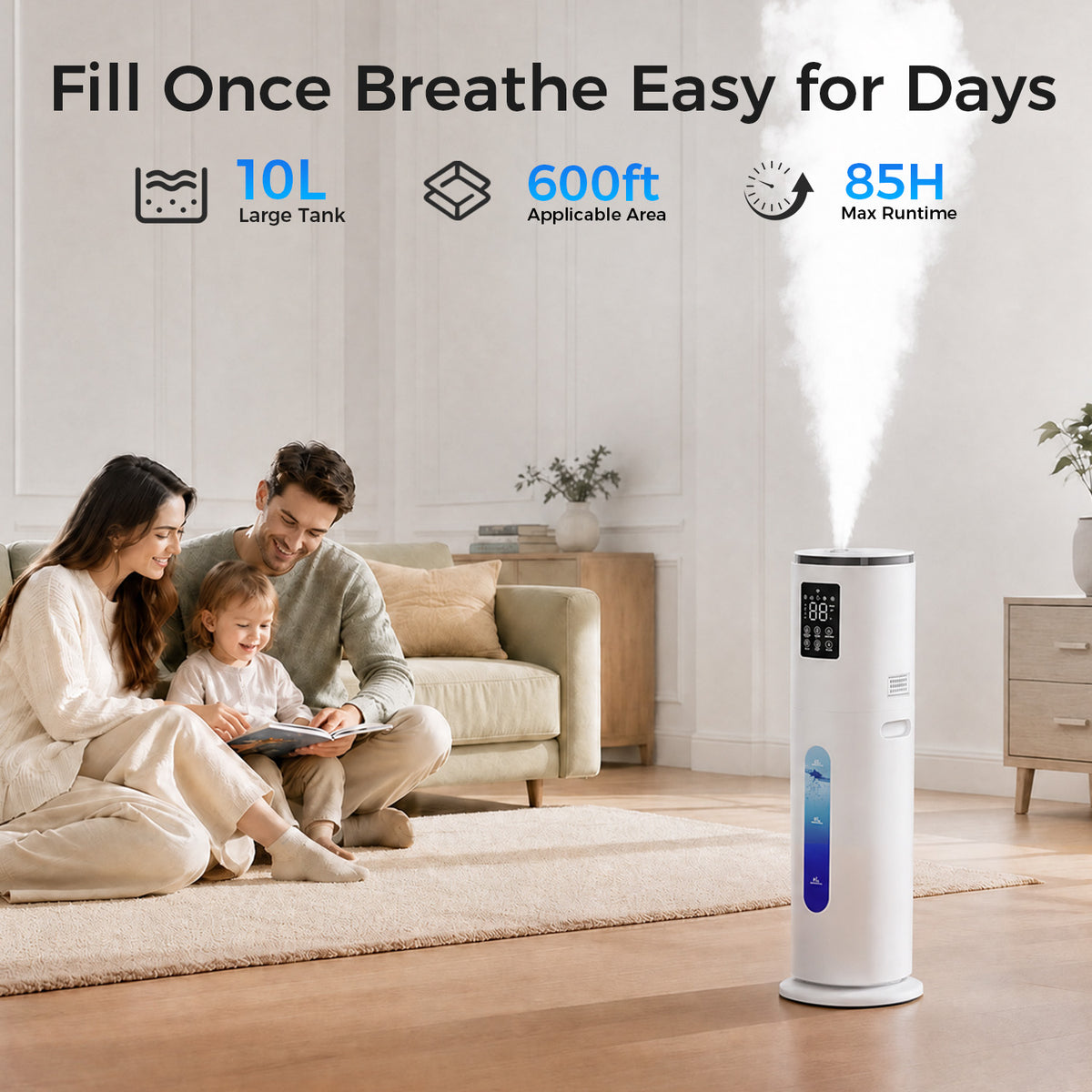 10L Humidifier, 600 sq.ft, 85H Max Runtime, Cool Mist Humidifier for Bedroom with App & Remote Control, 4 Mist Levels