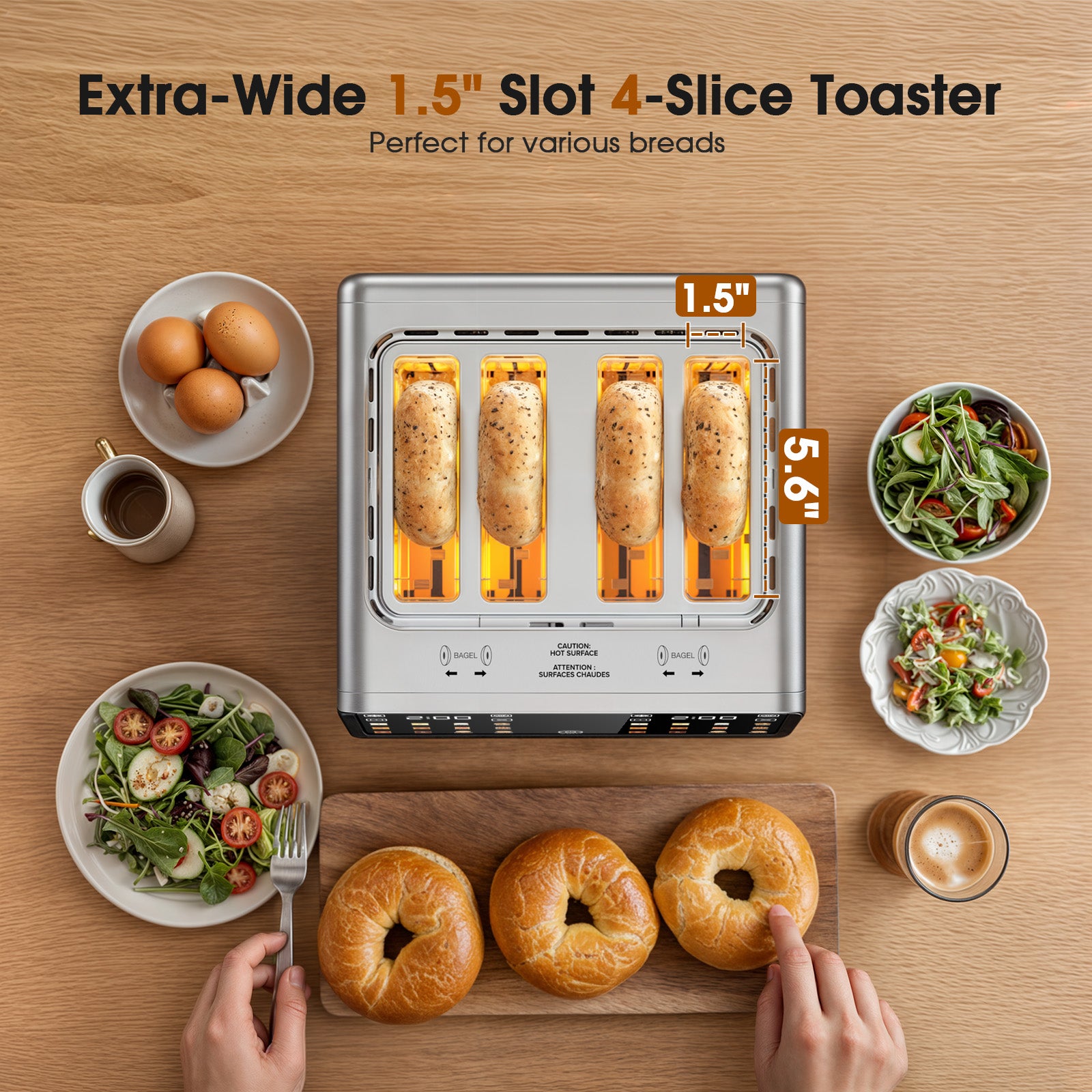 Foyoconven 4 Slice Toaster Wide Slot– Dual Digital TouchScreen & Independent Control Panel | Single-Slot Tech Timer/Reheat/Defrost for Bagels Bread | 1800W Stainless Steel 6 Toast Types & Shade Settings