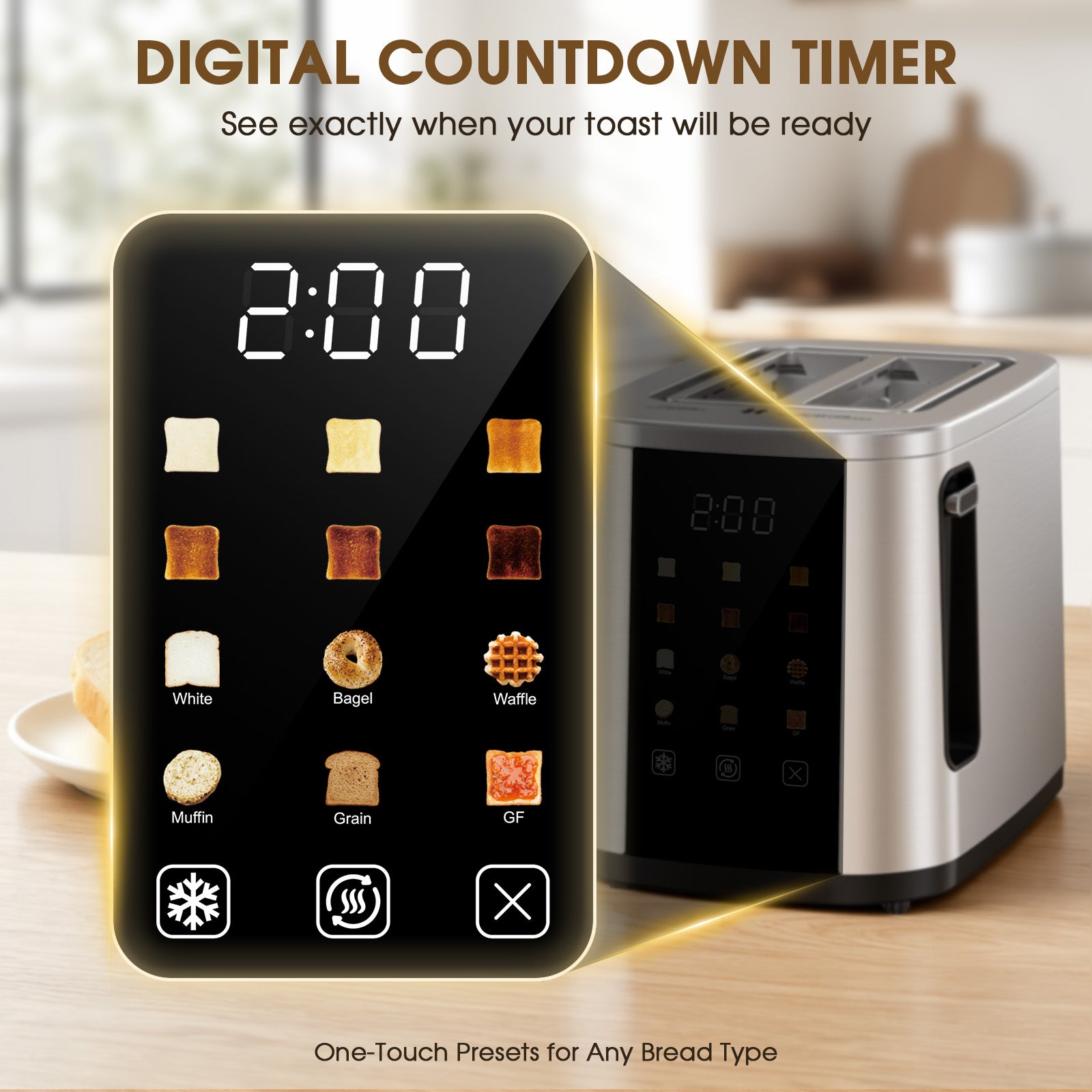 Teendow Digital Touchscreen 2-Slice Toaster with Bagel, Defrost & Reheat Functions