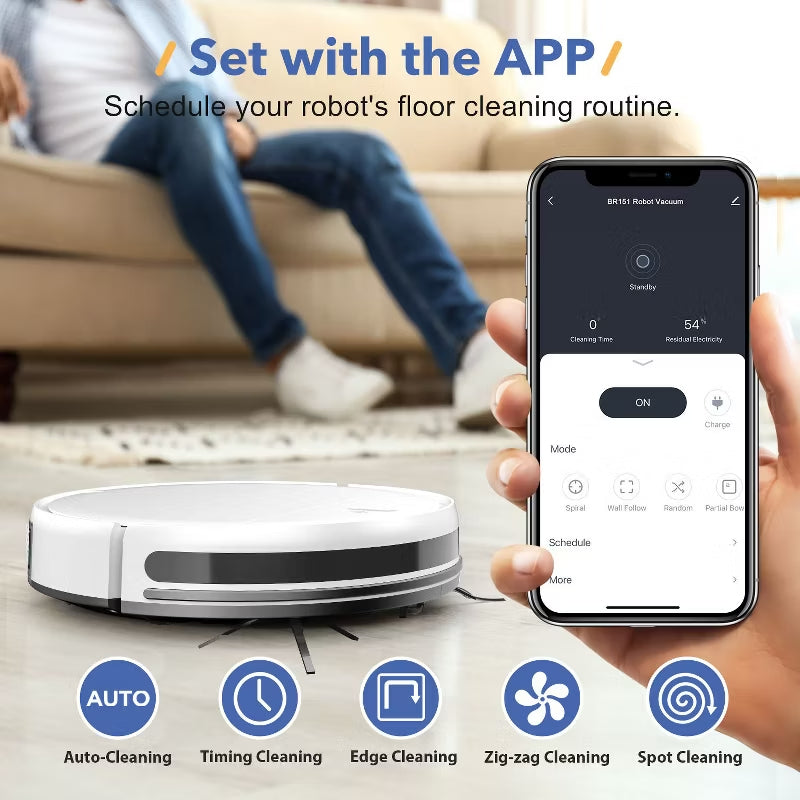 BR151 Robot Vacuum and Mop Combo, Robotic Vacuum with APP/Remote, Self-Charging Ideal for Pet Hair, White