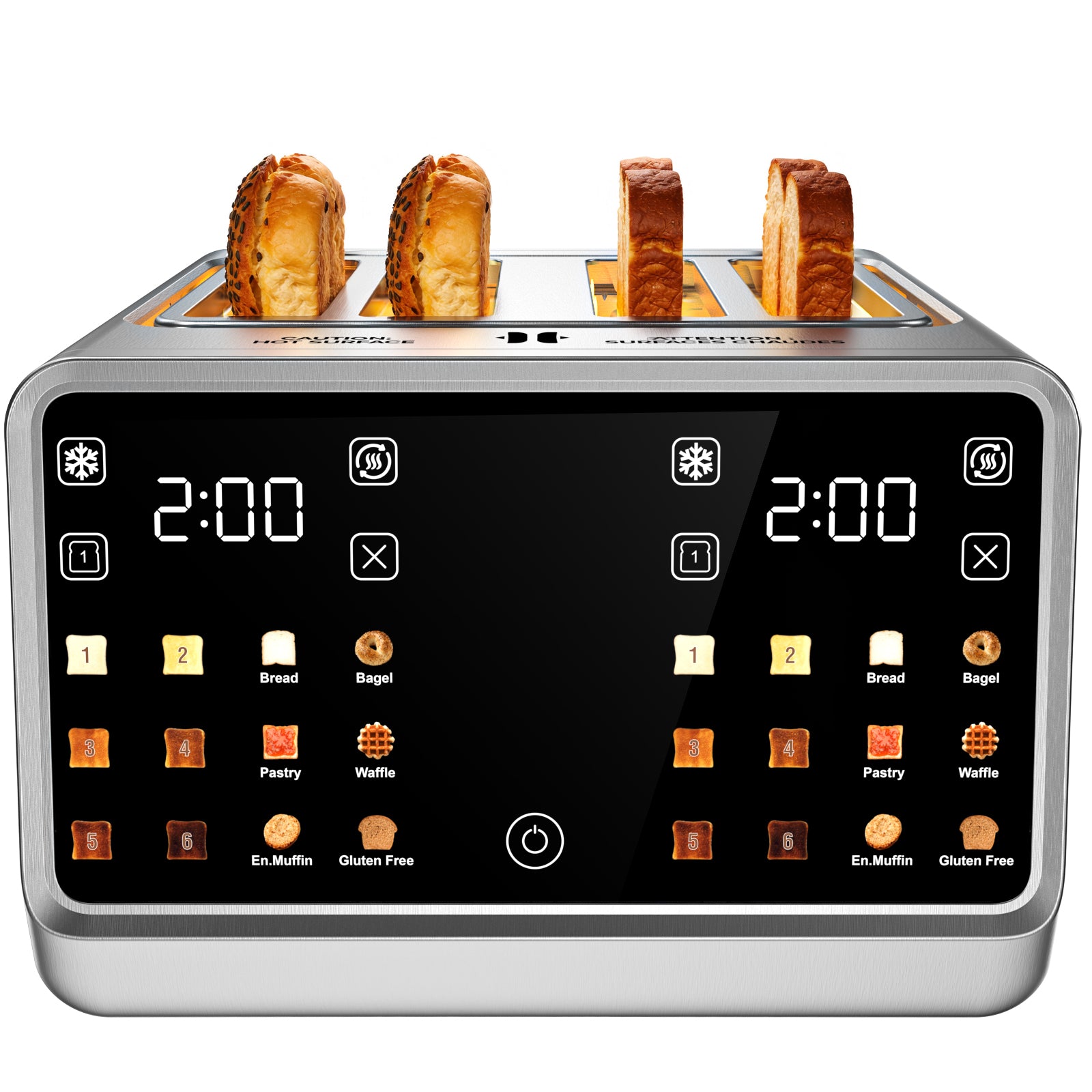 Foyoconven 4 Slice Toaster Wide Slot– Dual Digital TouchScreen & Independent Control Panel | Single-Slot Tech Timer/Reheat/Defrost for Bagels Bread | 1800W Stainless Steel 6 Toast Types & Shade Settings