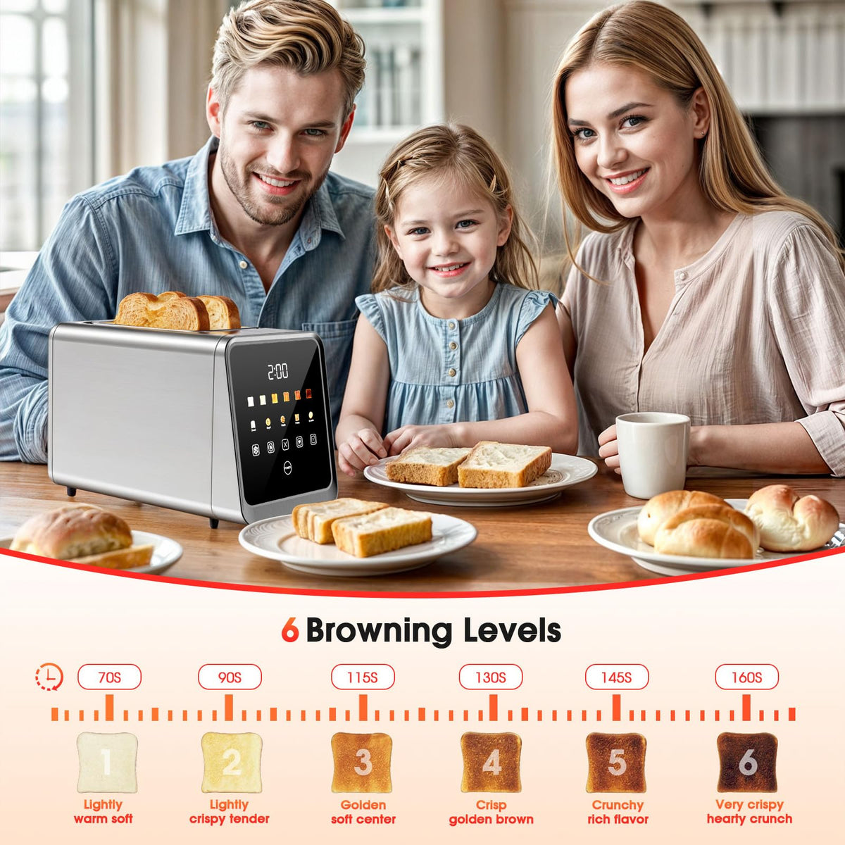 Foyoconven 2 Slice Toaster Smart Touchscreen Wide Slot with Bagel Mode 900W Digital Timer, Single Slice Mode, Memory, 30 Presets (5 Breads × 6 Shades) Defrost & Reheat, Crumb Tray, Stainless Steel