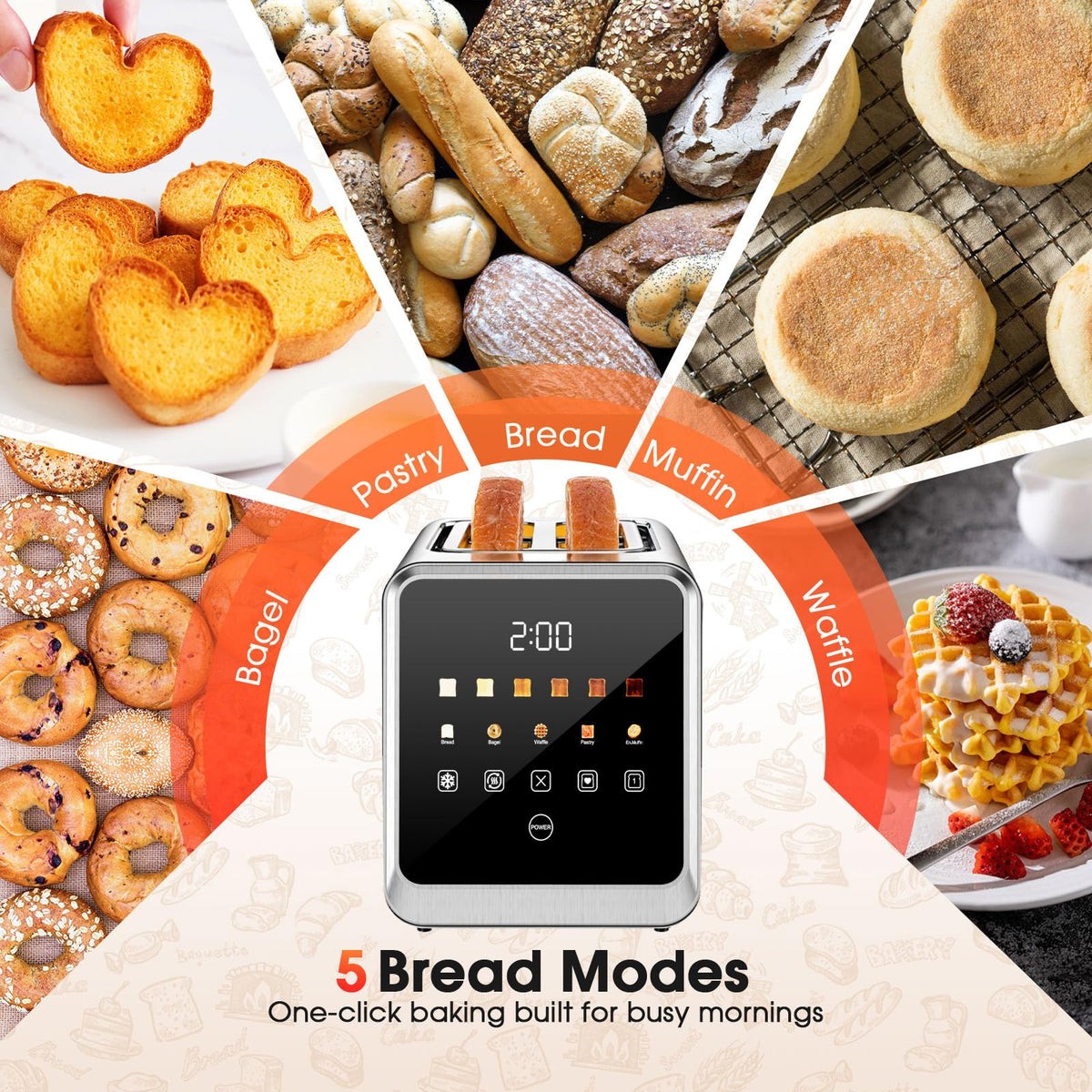 Foyoconven 2 Slice Toaster Smart Touchscreen Wide Slot with Bagel Mode 900W Digital Timer, Single Slice Mode, Memory, 30 Presets (5 Breads × 6 Shades) Defrost & Reheat, Crumb Tray, Stainless Steel