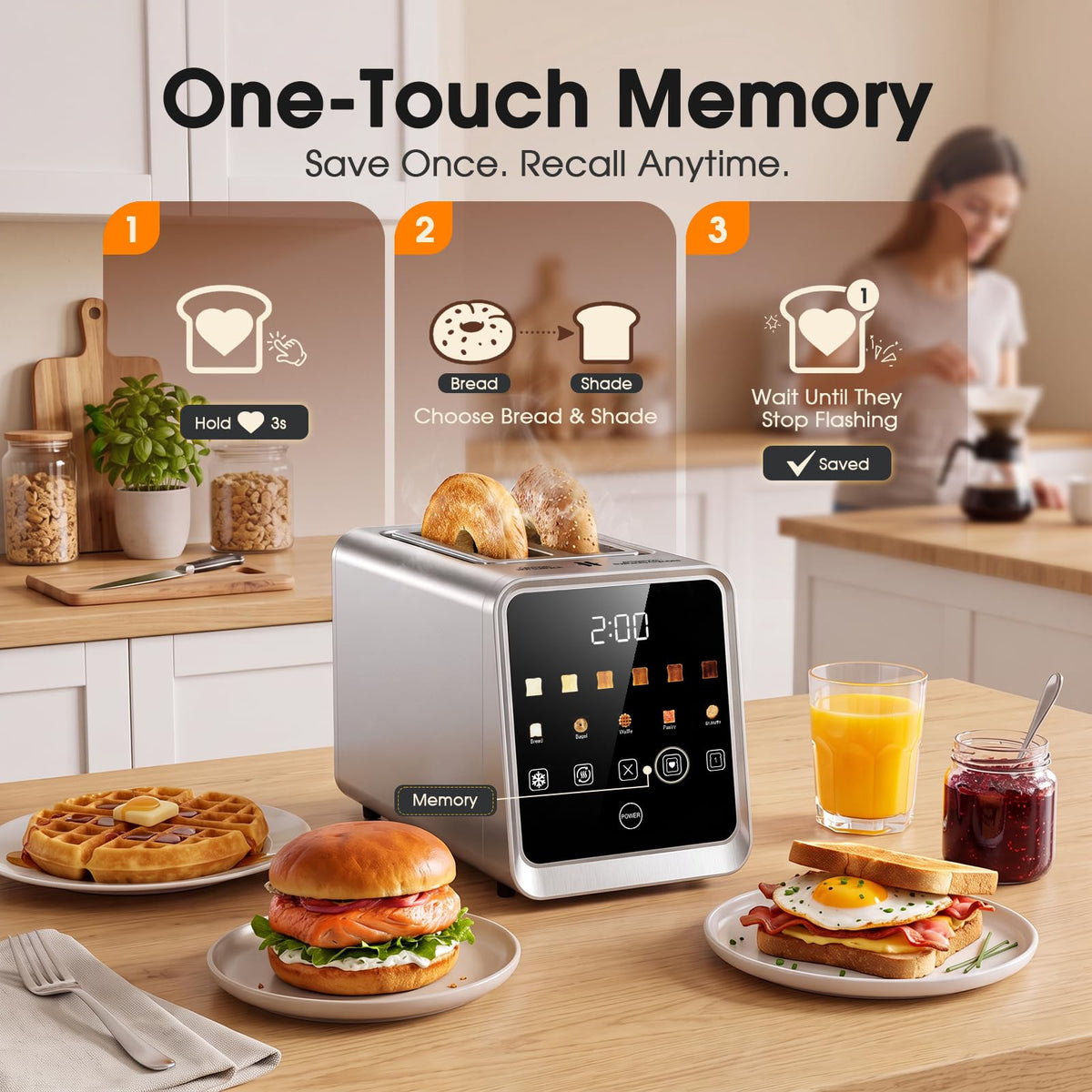 Foyoconven 2 Slice Toaster Smart Touchscreen Wide Slot with Bagel Mode 900W Digital Timer, Single Slice Mode, Memory, 30 Presets (5 Breads × 6 Shades) Defrost & Reheat, Crumb Tray, Stainless Steel