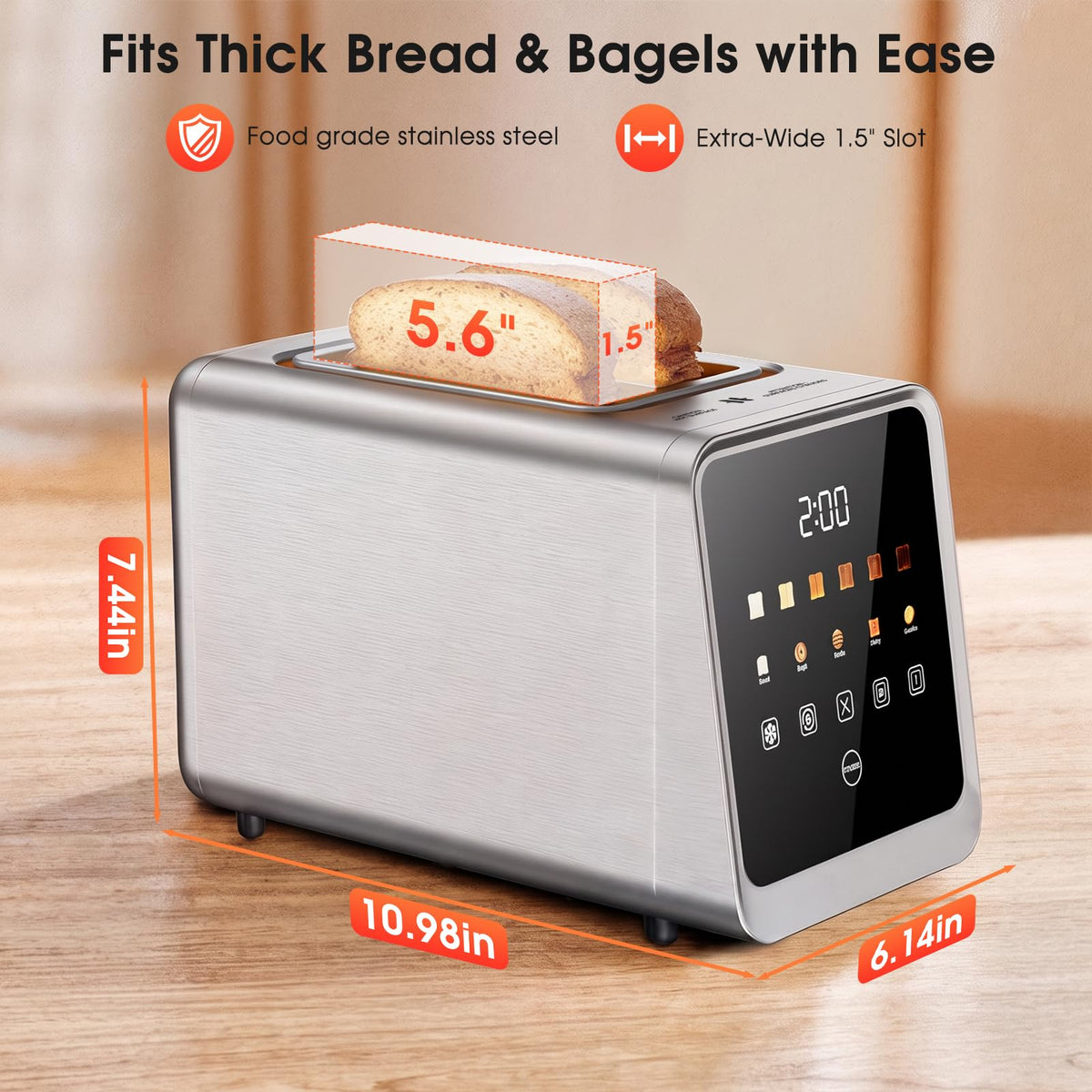 Foyoconven 2 Slice Toaster Smart Touchscreen Wide Slot with Bagel Mode 900W Digital Timer, Single Slice Mode, Memory, 30 Presets (5 Breads × 6 Shades) Defrost & Reheat, Crumb Tray, Stainless Steel