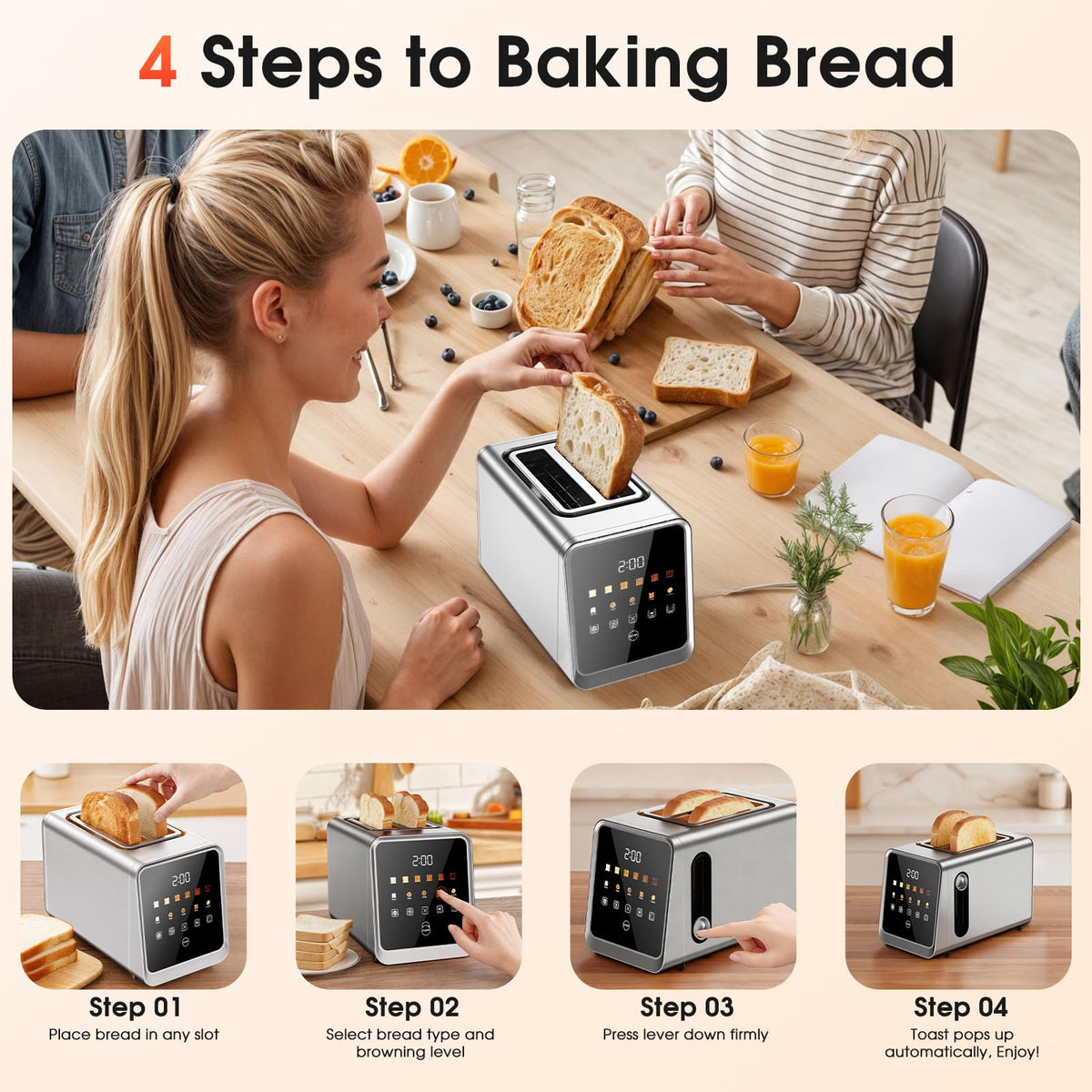 Foyoconven 2 Slice Toaster Smart Touchscreen Wide Slot with Bagel Mode 900W Digital Timer, Single Slice Mode, Memory, 30 Presets (5 Breads × 6 Shades) Defrost & Reheat, Crumb Tray, Stainless Steel